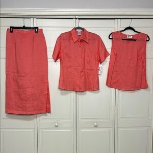 NWT 3Pc Set Ann Gerlin Women’s 100% Linen Coral Skirt/Button Down/Tank Size 12